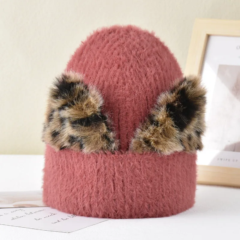 Women's autumn and winter wool cap leopard print cat ears hat elastic knitted ski cap