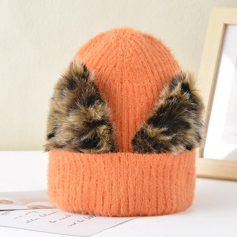 Women's autumn and winter wool cap leopard print cat ears hat elastic knitted ski cap