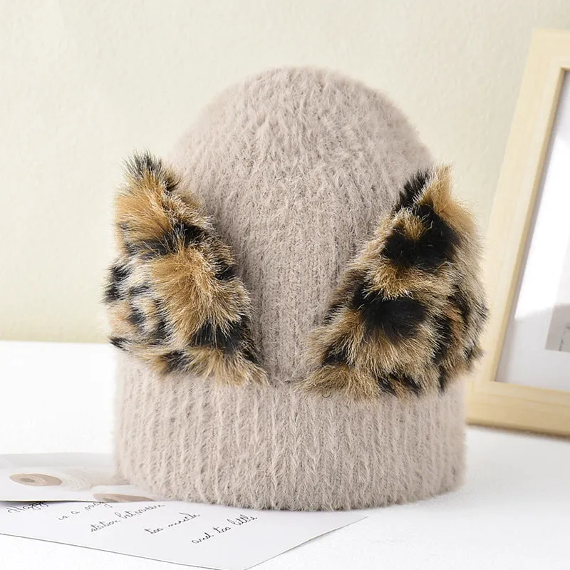 Women's autumn and winter wool cap leopard print cat ears hat elastic knitted ski cap