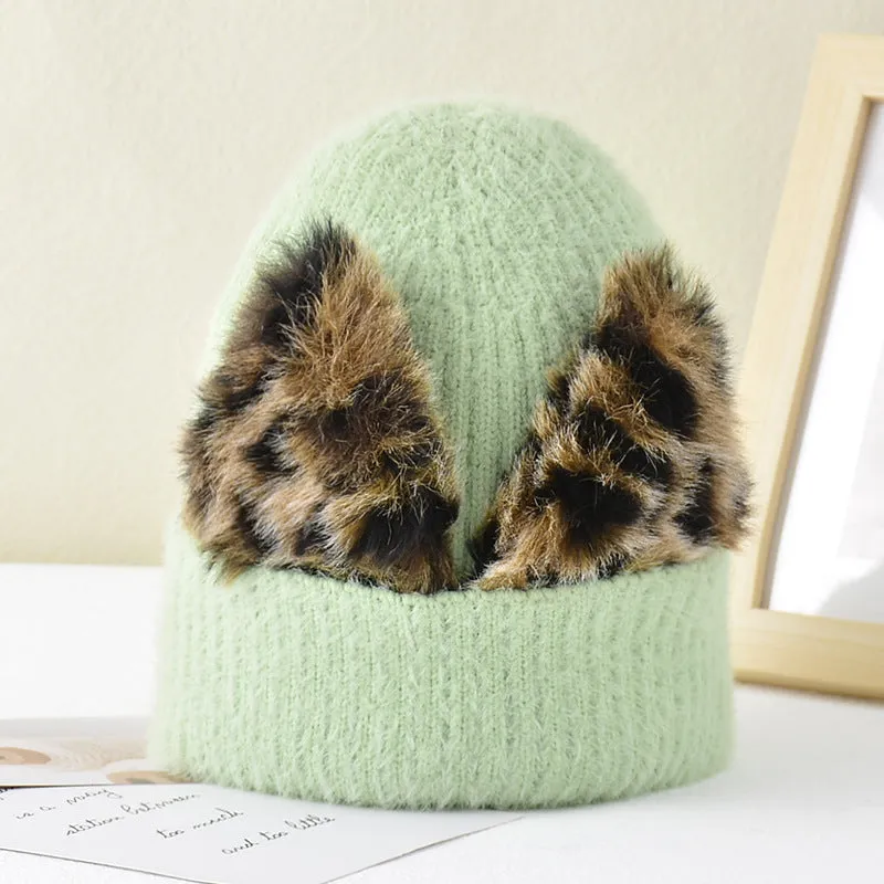 Women's autumn and winter wool cap leopard print cat ears hat elastic knitted ski cap