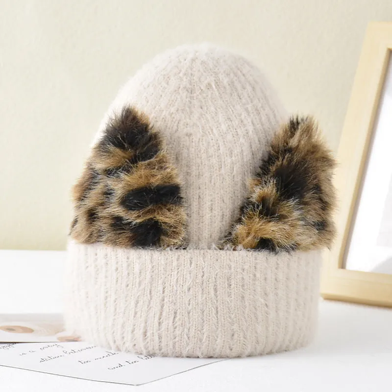 Women's autumn and winter wool cap leopard print cat ears hat elastic knitted ski cap