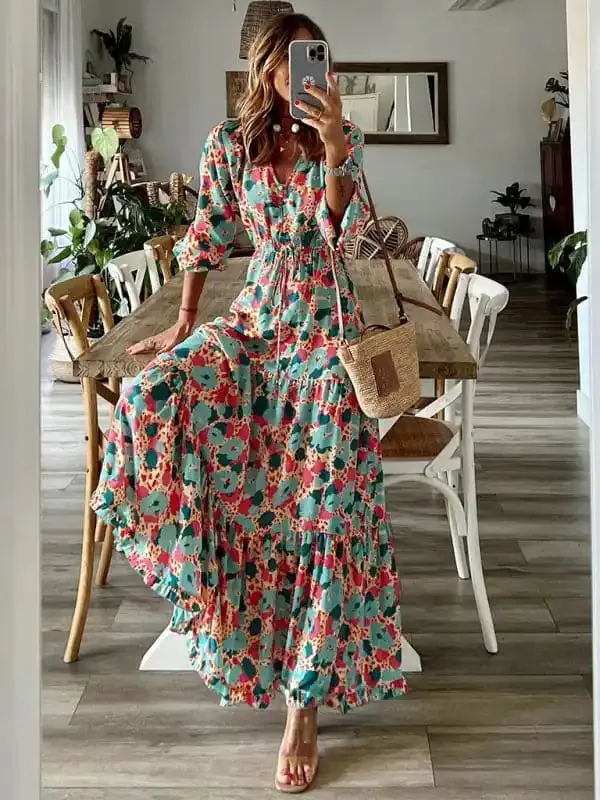 Women’s Floral Print Tiered Puff Ruffle Sleeve Maxi Dress