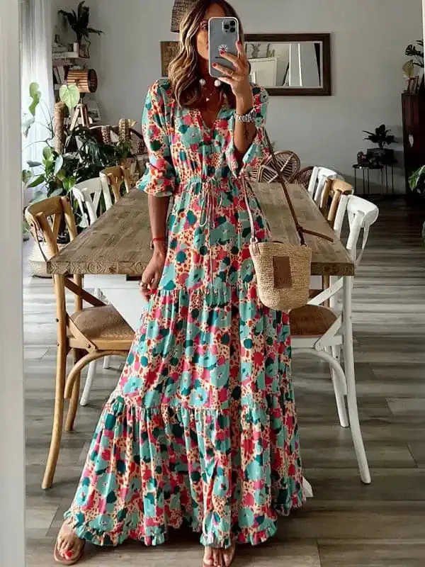 Women’s Floral Print Tiered Puff Ruffle Sleeve Maxi Dress