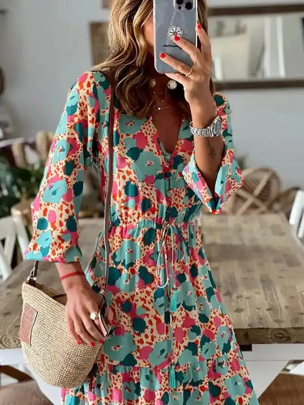 Women’s Floral Print Tiered Puff Ruffle Sleeve Maxi Dress