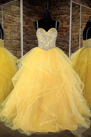 Yellow sweetheart tulle sequin long prom dress yellow evening dress